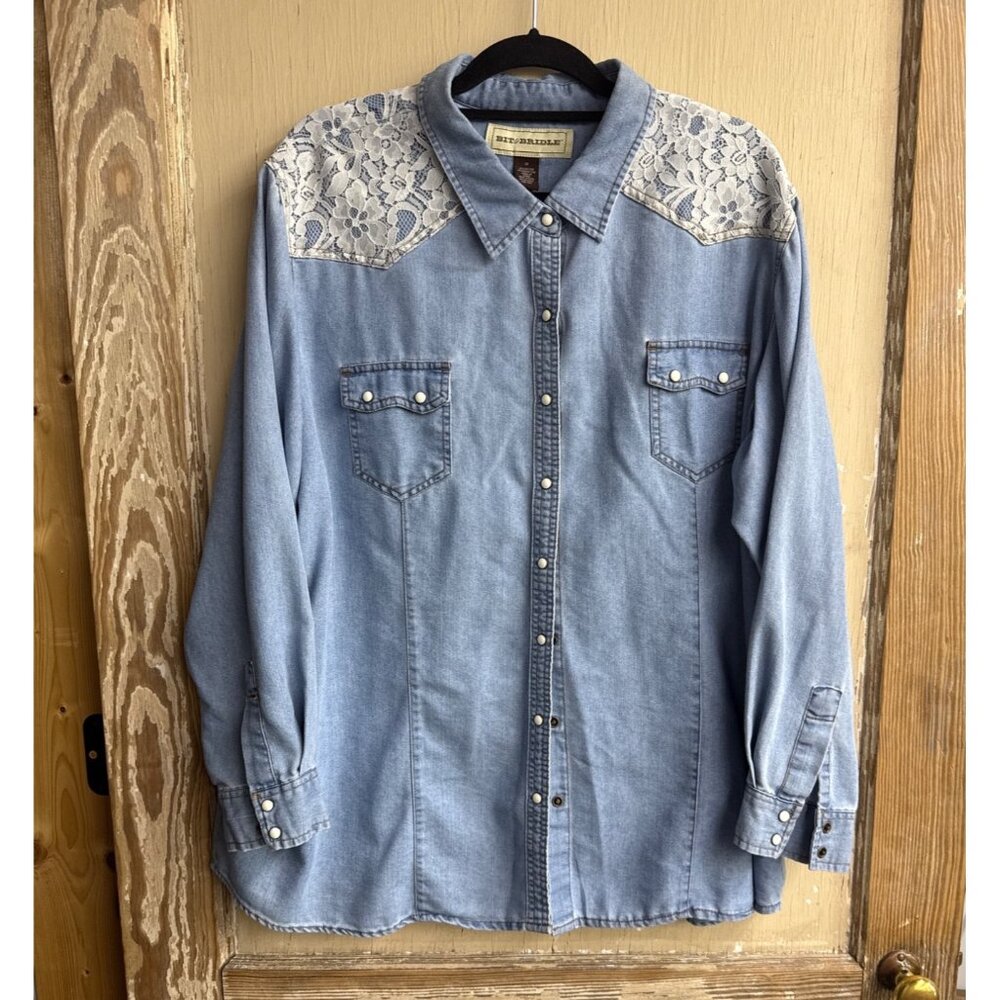 Womens Denim Pearl Snap Western Shirt W/ Lace Yoke Detail By Bit & Bridle 3X